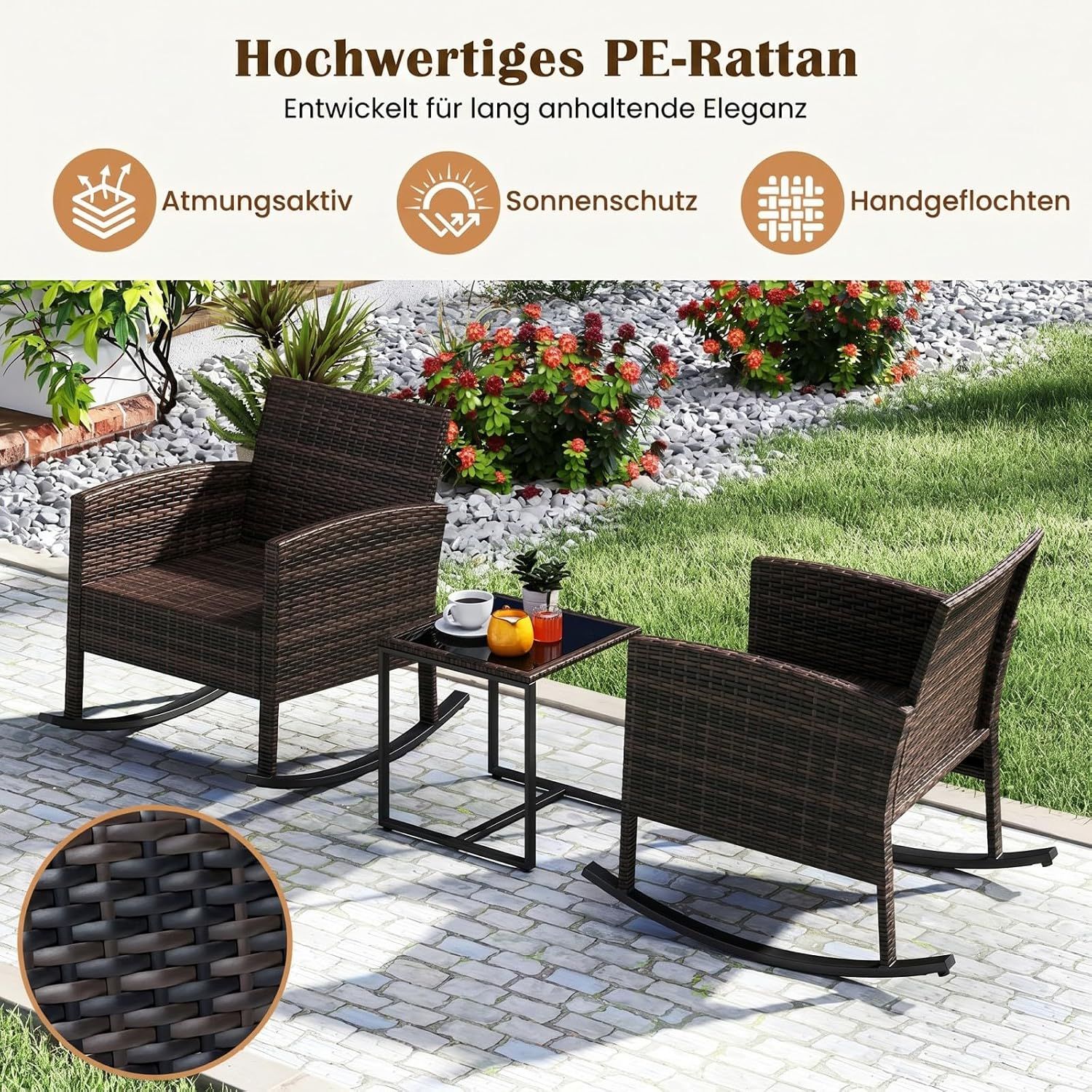 3 Piece Rattan Garden Furniture Set 2 Rocking Chairs