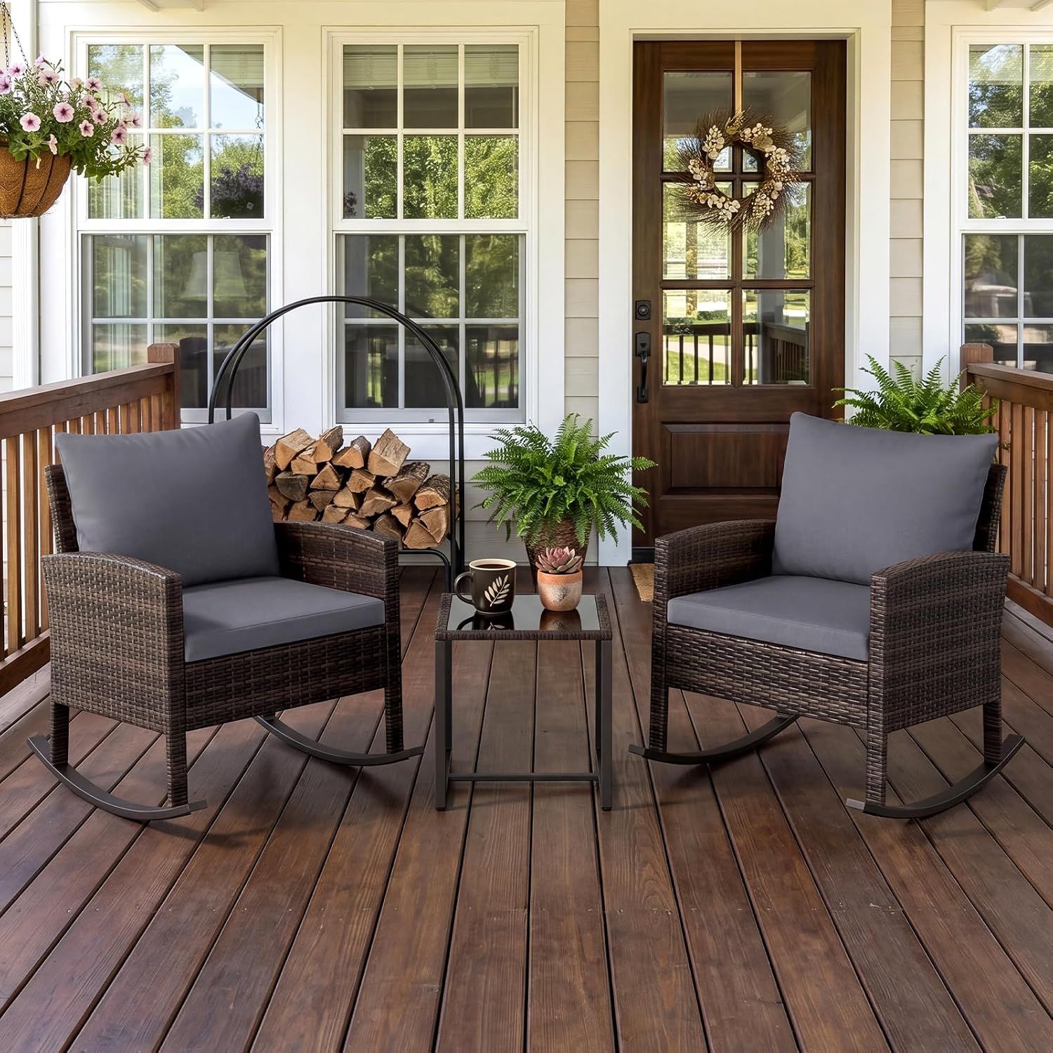 3 Piece Rattan Garden Furniture Set 2 Rocking Chairs