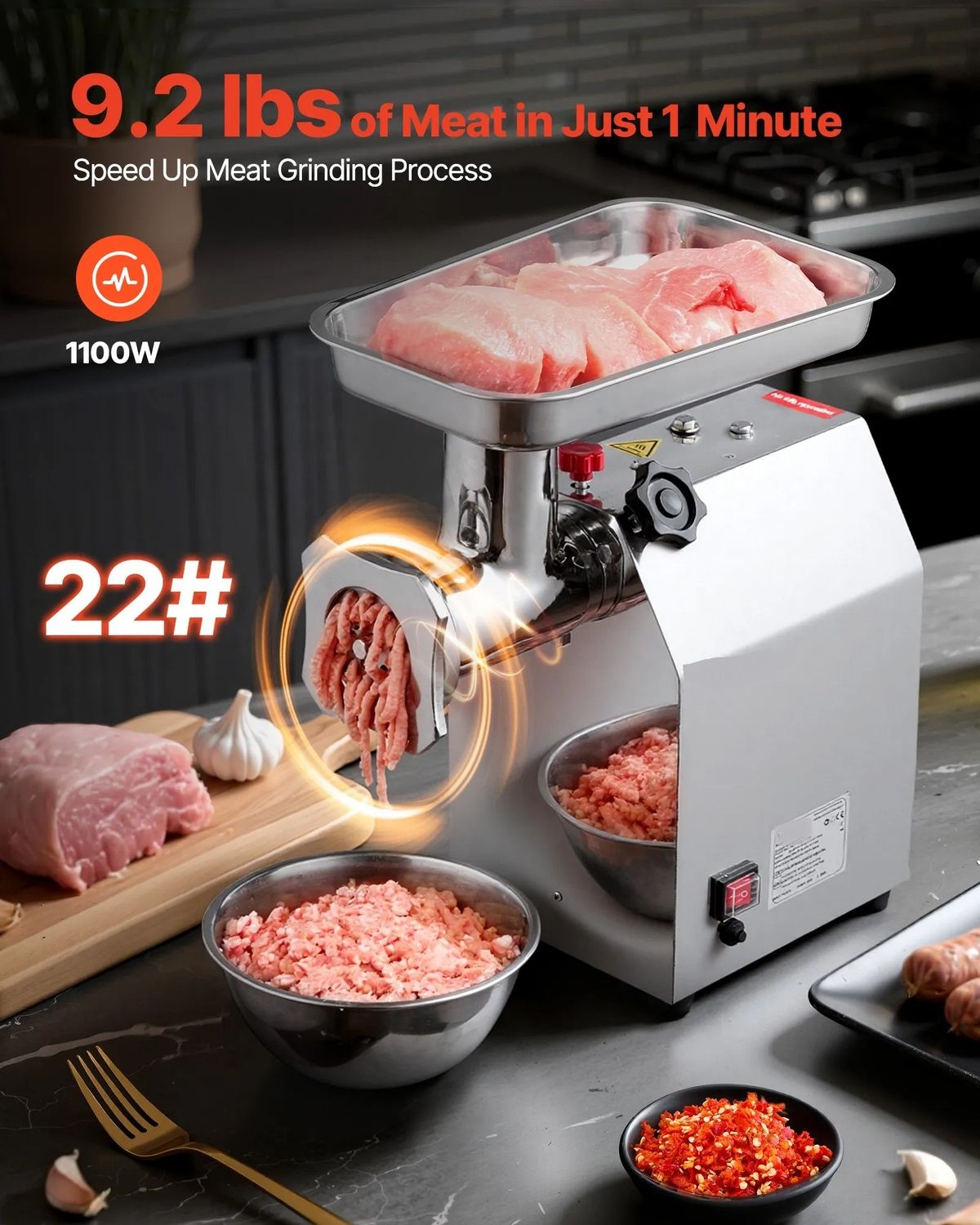 Commercial Electric Meat Grinder 1100W Heavy Duty Industrial Meat Mincer Stainless Steel Sausage Maker 4.2kg/min