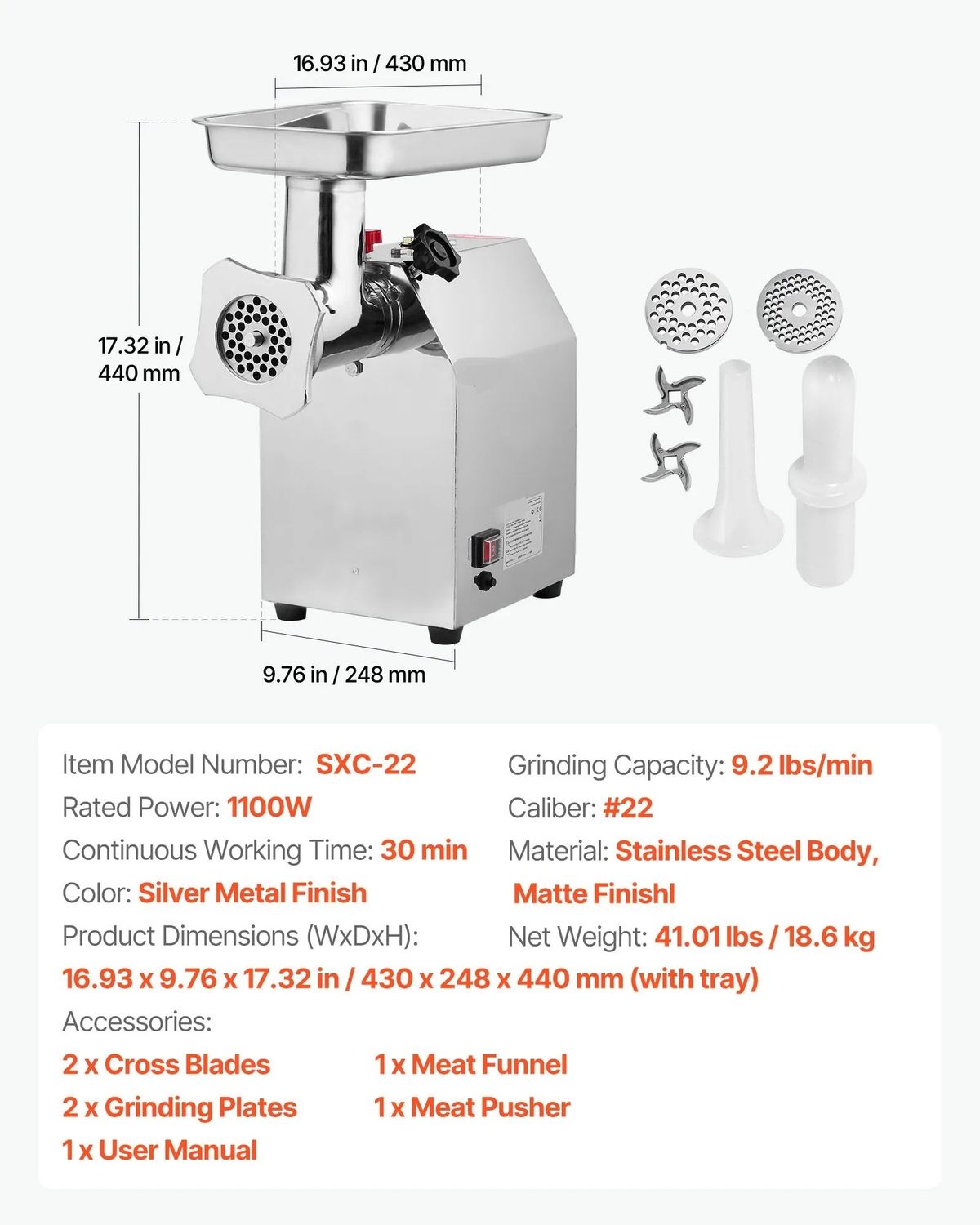 Commercial Electric Meat Grinder 1100W Heavy Duty Industrial Meat Mincer Stainless Steel Sausage Maker 4.2kg/min
