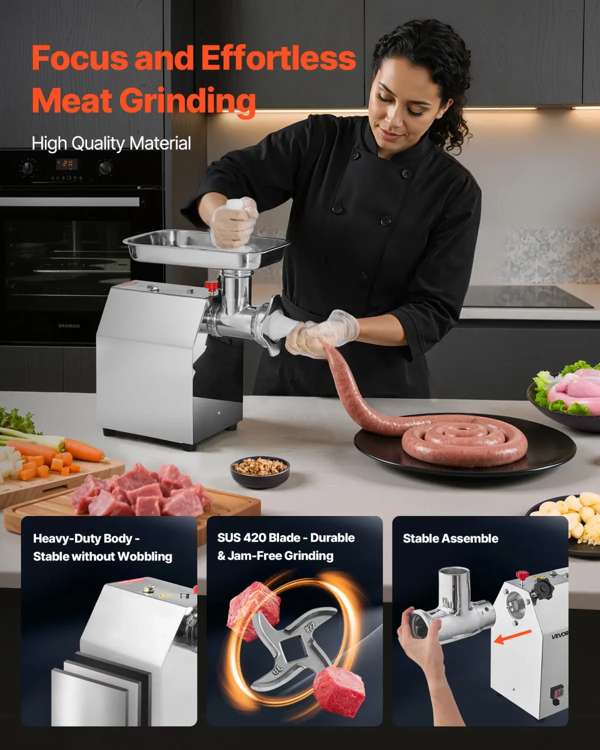 Commercial Electric Meat Grinder 1100W Heavy Duty Industrial Meat Mincer Stainless Steel Sausage Maker 4.2kg/min