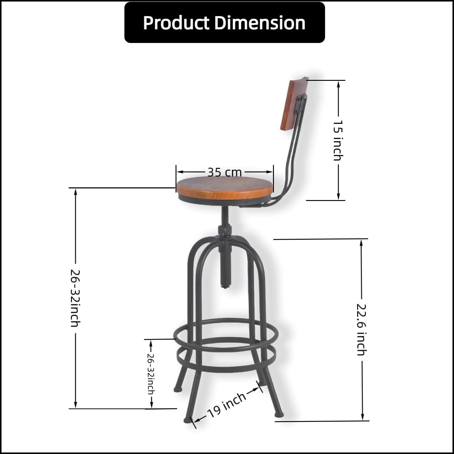 Adjustable Swivel Kitchen Bar Stools - Pinewood Top with Metal Foot and Backrest, Retro Wrought Iron Design for Dining, Cafe, and Loft Spaces - High Stool with Lift Mechanism