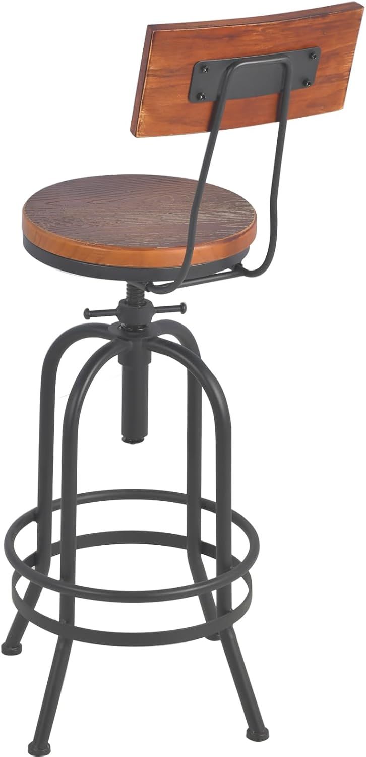 Adjustable Swivel Kitchen Bar Stools - Pinewood Top with Metal Foot and Backrest, Retro Wrought Iron Design for Dining, Cafe, and Loft Spaces - High Stool with Lift Mechanism