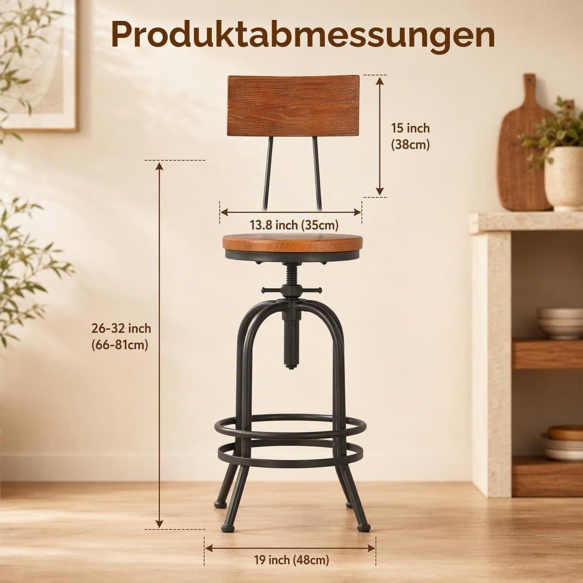 Adjustable Swivel Bar Stool Pinewood Top Metal