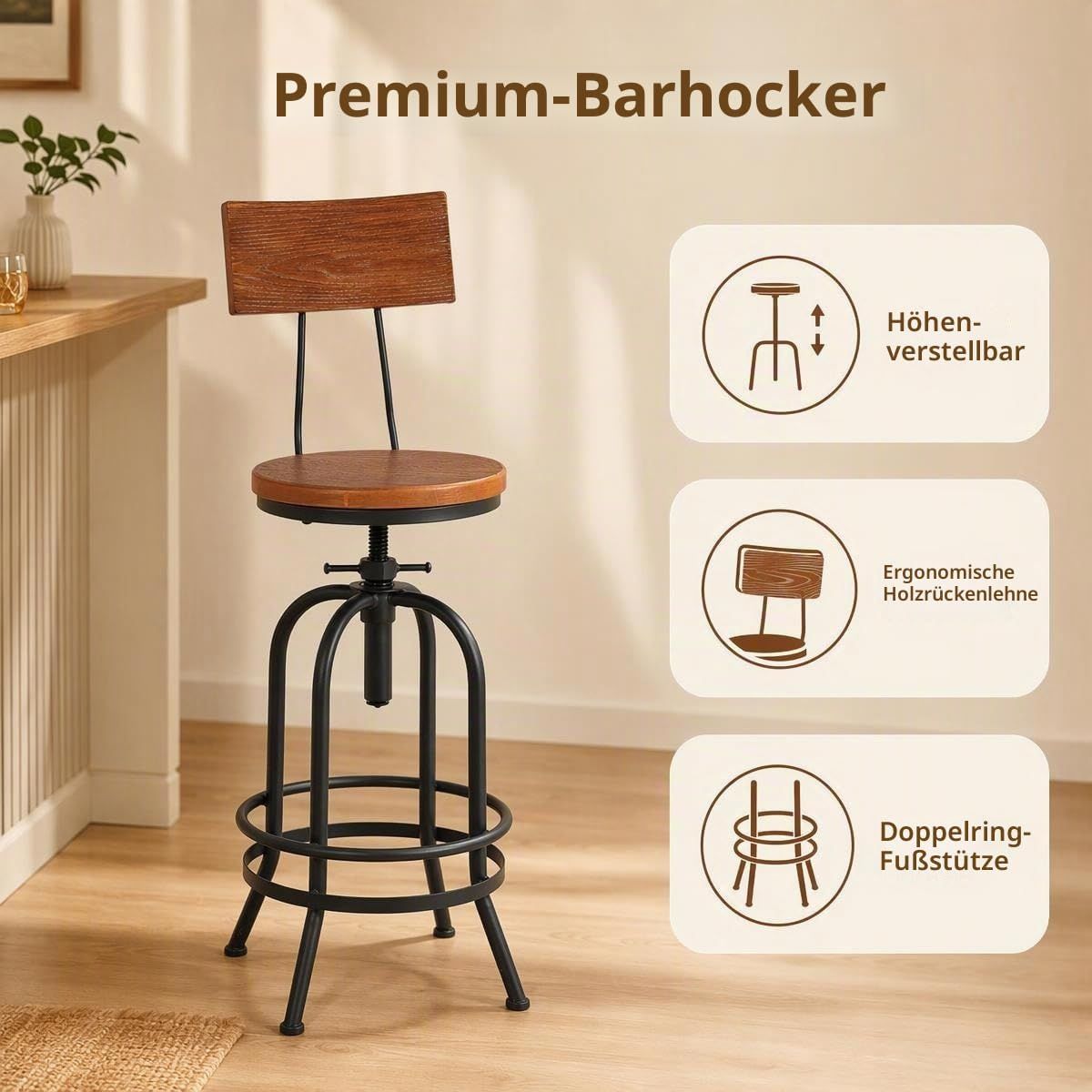 Adjustable Swivel Bar Stool Pinewood Top Metal