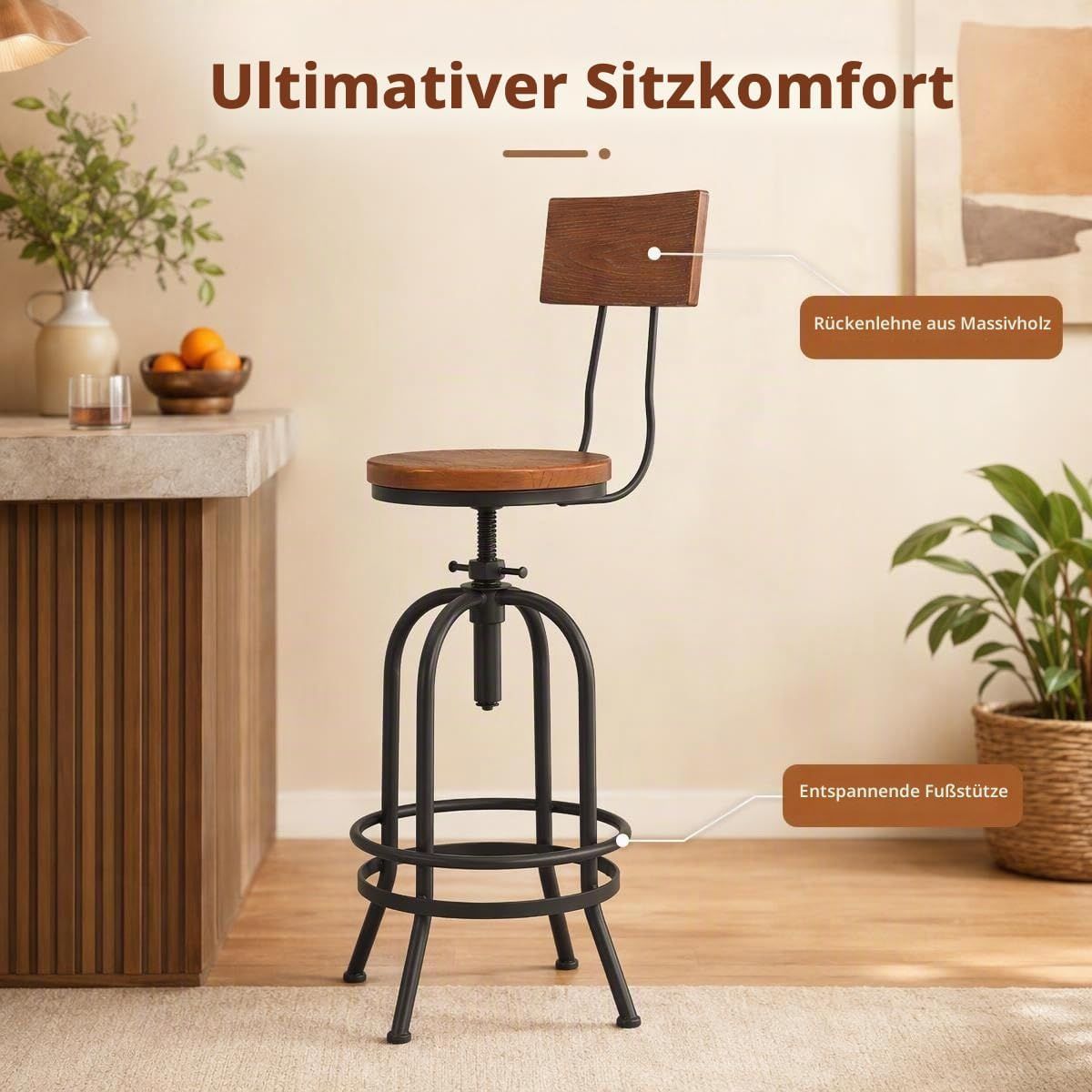Adjustable Swivel Bar Stool Pinewood Top Metal