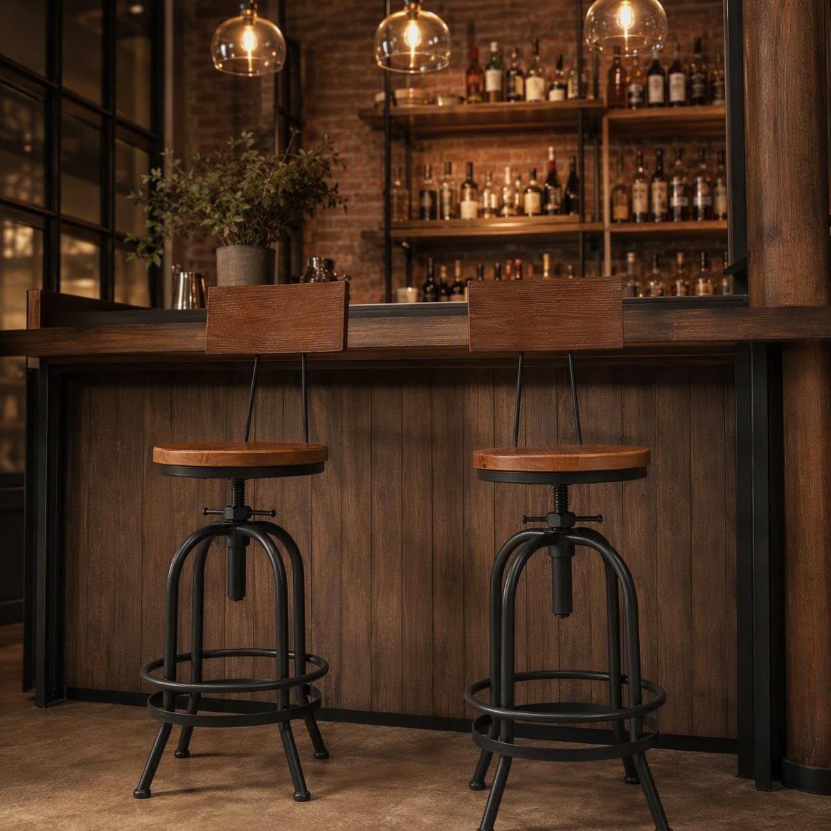 Adjustable Swivel Bar Stool Pinewood Top Metal
