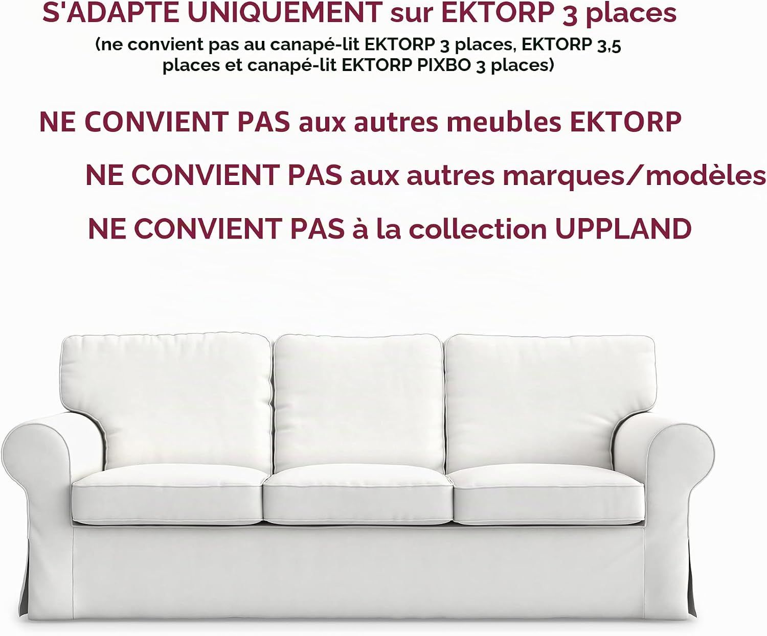 White Cotton Sofa Cover for IKEA Ektorp 3-Seater — Replacement Protector Slipcover, Exact Fit 218 x 88 x 88 cm