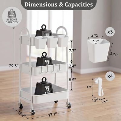 3-Tier Metal Storage Trolley with Lockable Wheels, Hooks and Cups