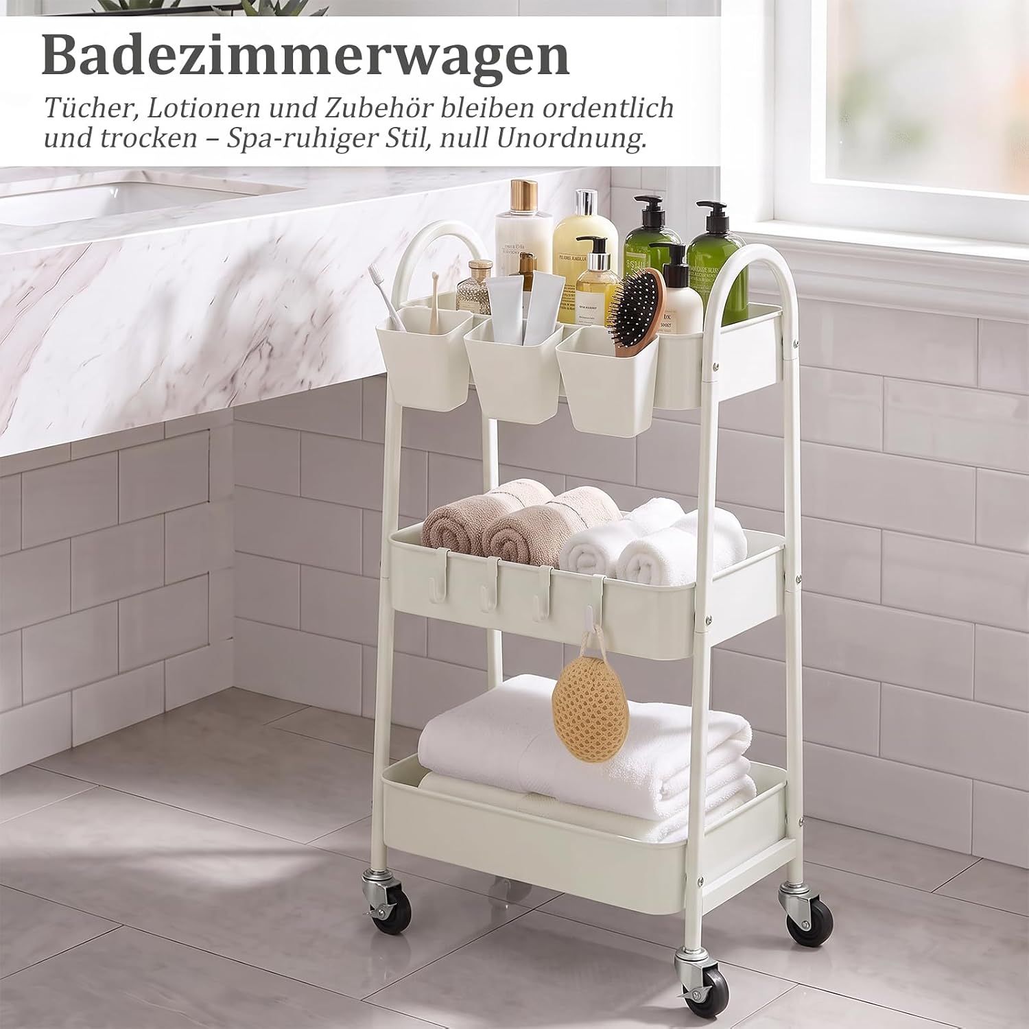 3-Tier Metal Storage Trolley with Lockable Wheels, Hooks and Cups