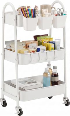 3-Tier Metal Storage Trolley with Lockable Wheels, Hooks and Cups
