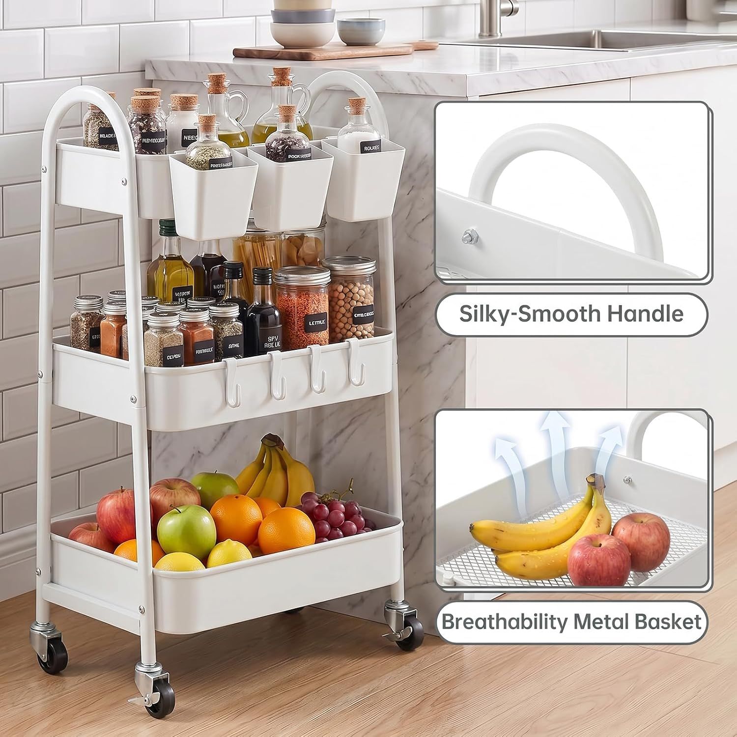 3-Tier Metal Storage Trolley with Lockable Wheels, Hooks and Cups