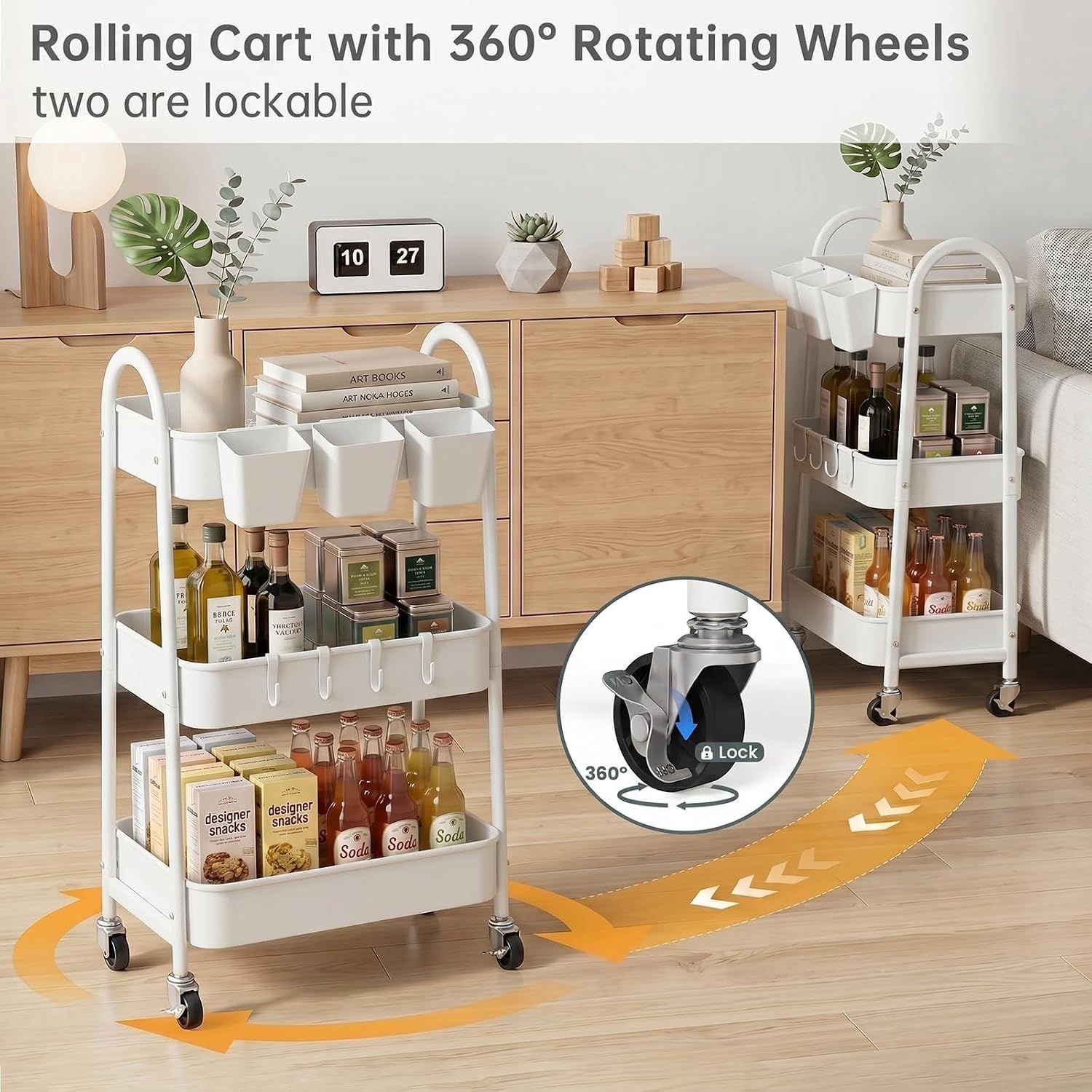 3-Tier Metal Storage Trolley with Lockable Wheels, Hooks and Cups