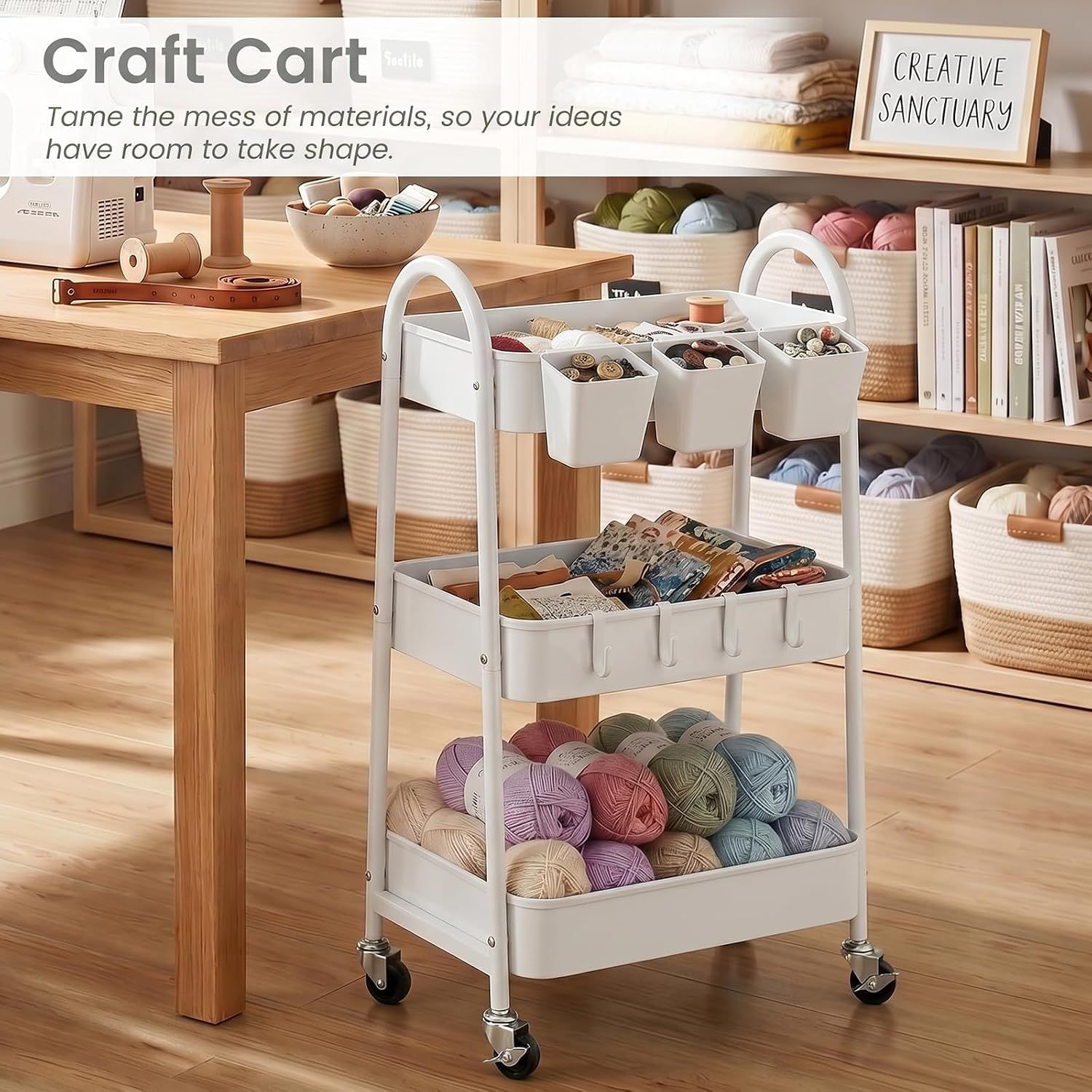 3-Tier Metal Storage Trolley with Lockable Wheels, Hooks and Cups