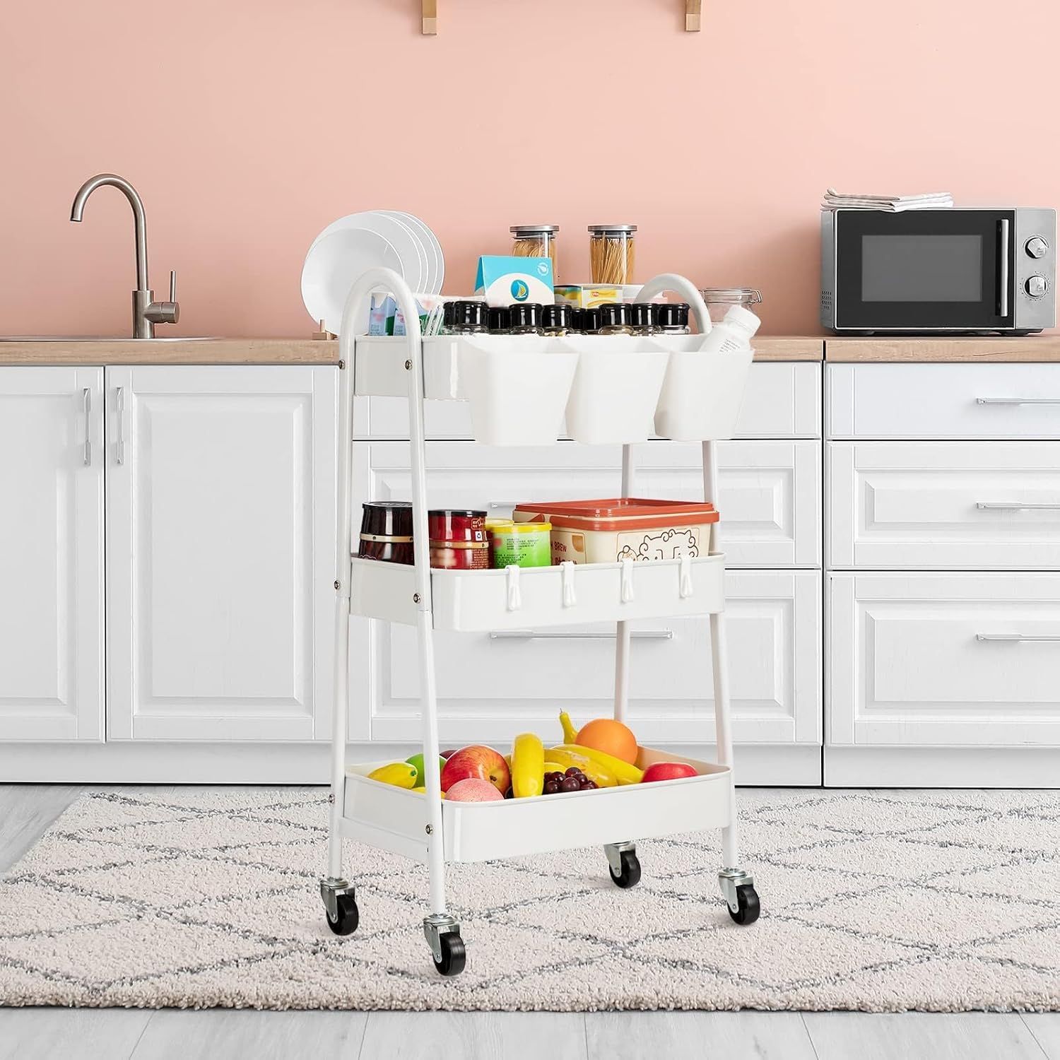 3-Tier Metal Storage Trolley with Lockable Wheels, Hooks and Cups