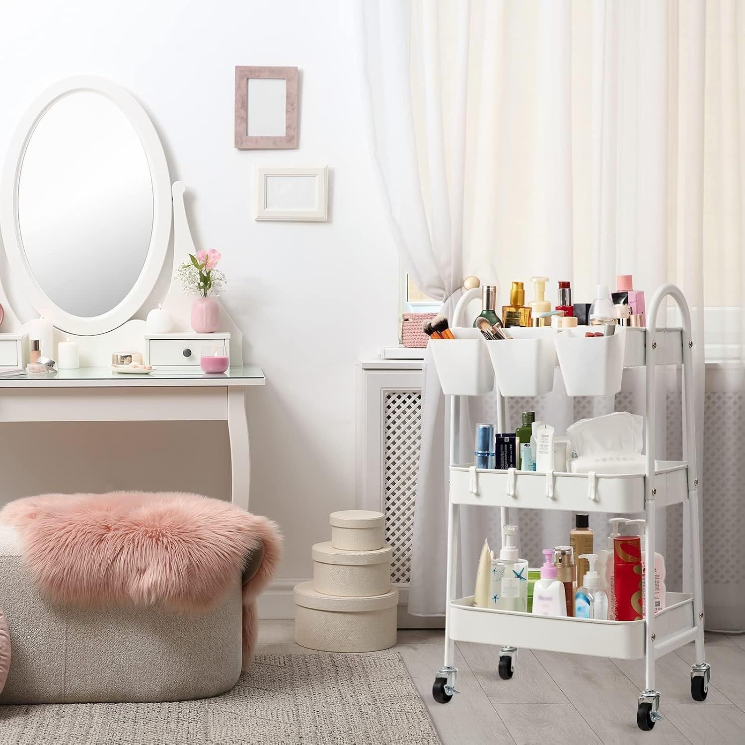3-Tier Metal Storage Trolley with Lockable Wheels, Hooks and Cups