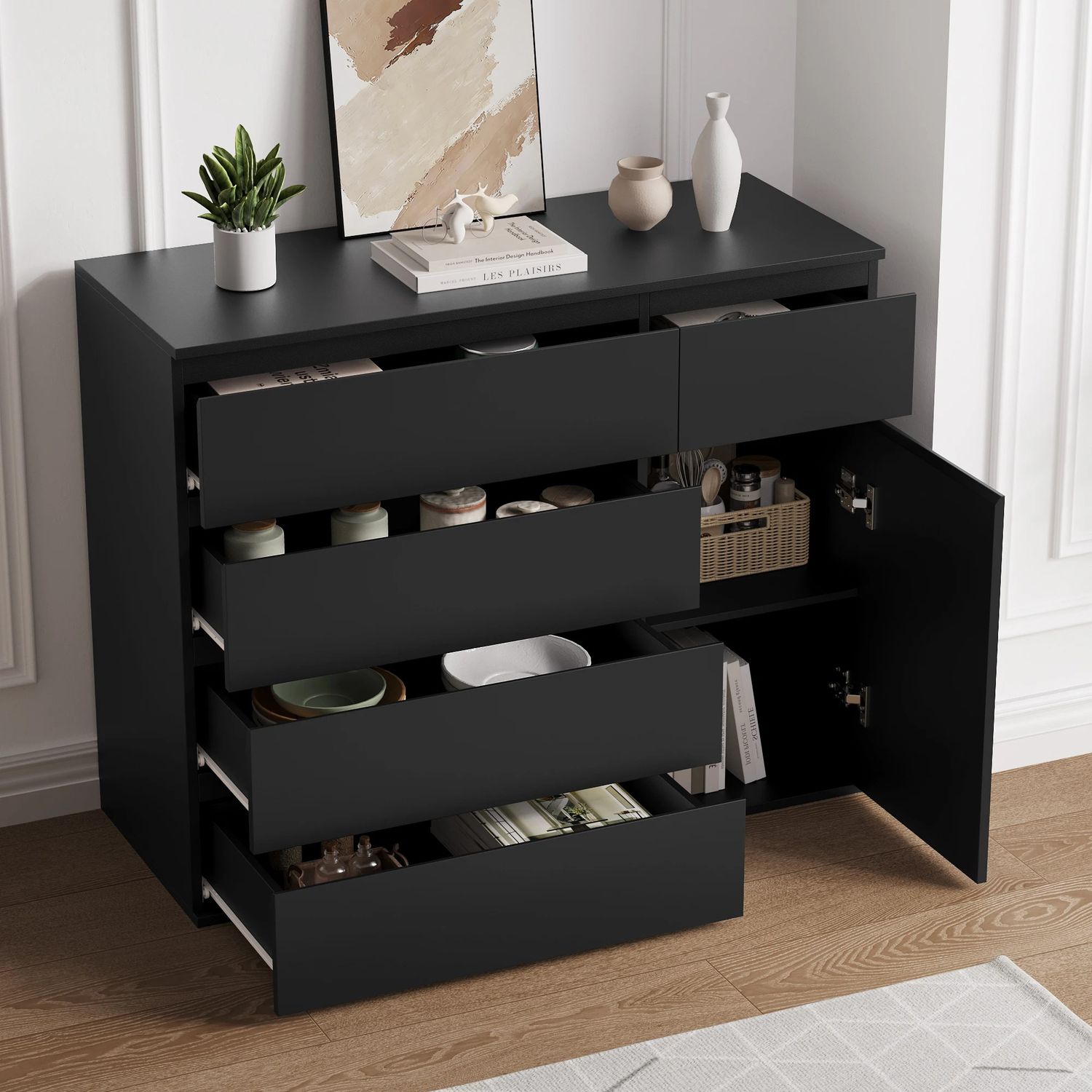 White Chest of Drawers 5 Drawer Dresser Cabinet with 1 Door Storage Cupboard