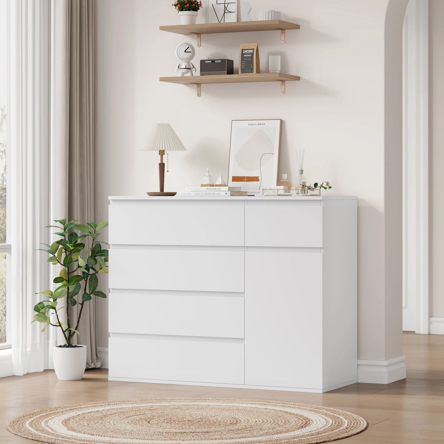White Chest of Drawers 5 Drawer Dresser Cabinet with 1 Door Storage Cupboard