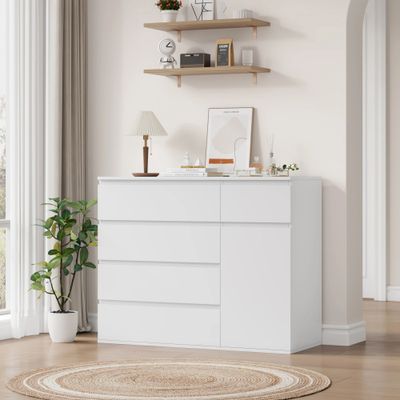 White Chest of Drawers 5 Drawer Dresser Cabinet with 1 Door Storage Cupboard