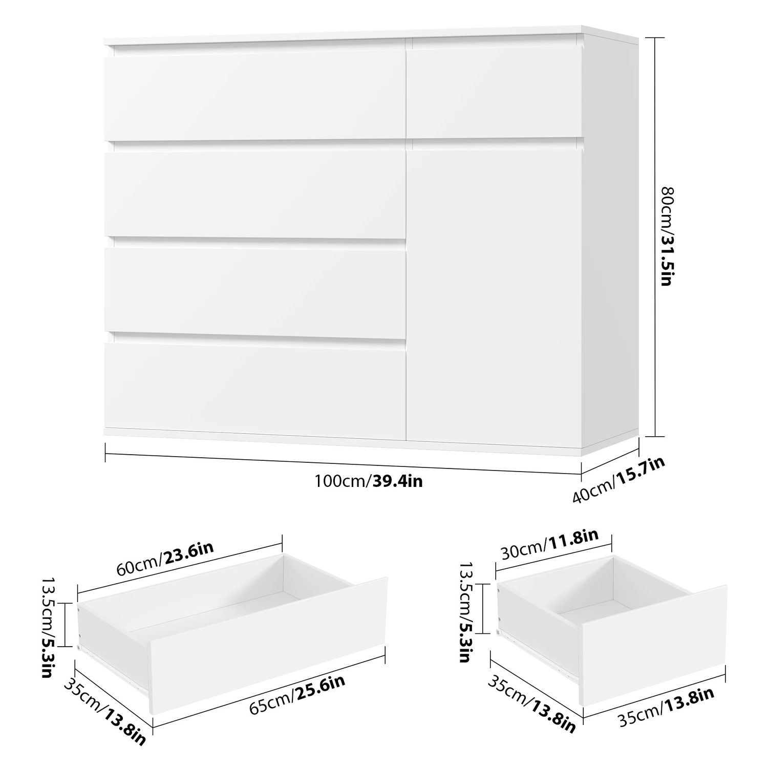 White Chest of Drawers 5 Drawer Dresser Cabinet with 1 Door Storage Cupboard