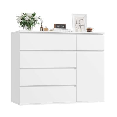 White Chest of Drawers 5 Drawer Dresser Cabinet with 1 Door Storage Cupboard