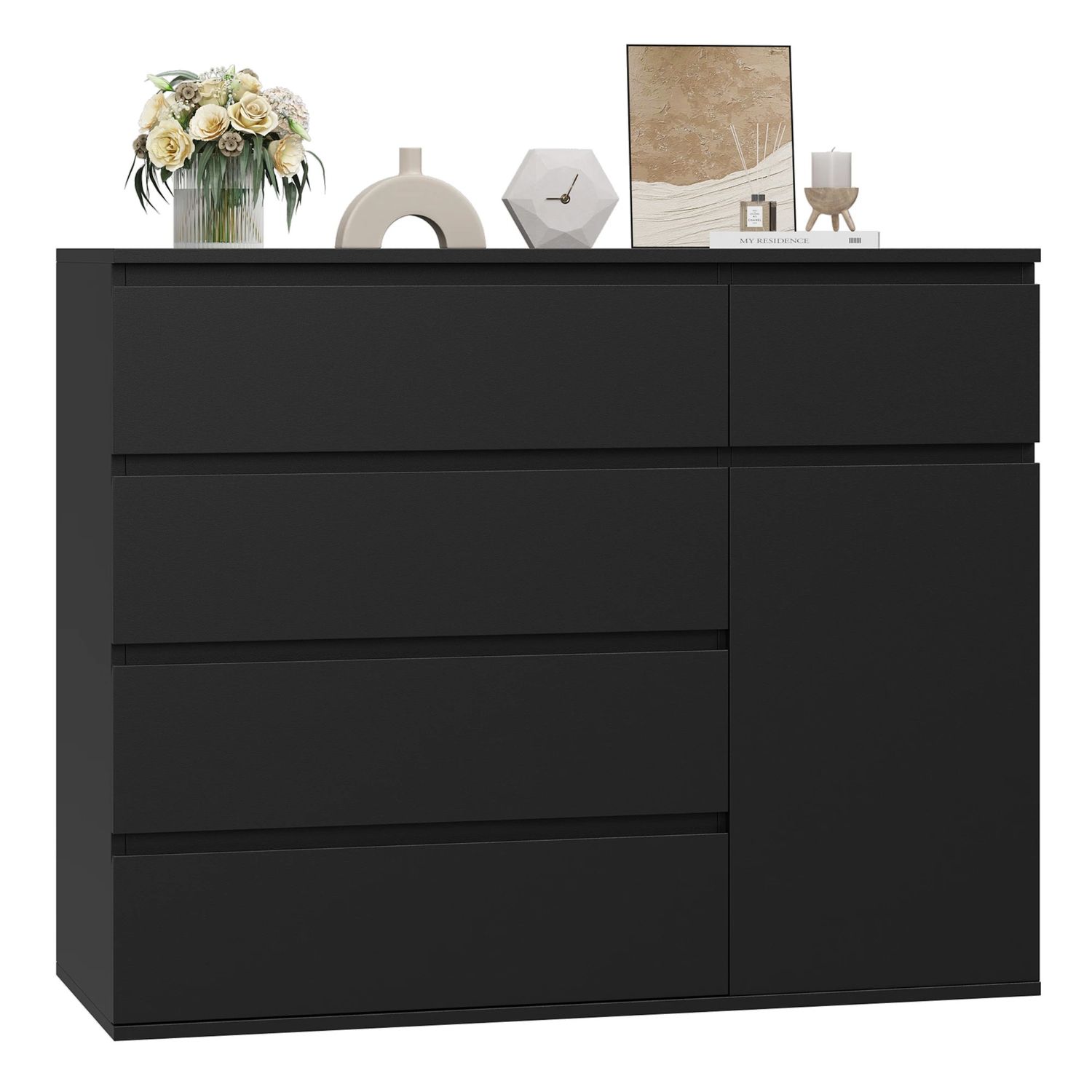 White Chest of Drawers 5 Drawer Dresser Cabinet with 1 Door Storage Cupboard