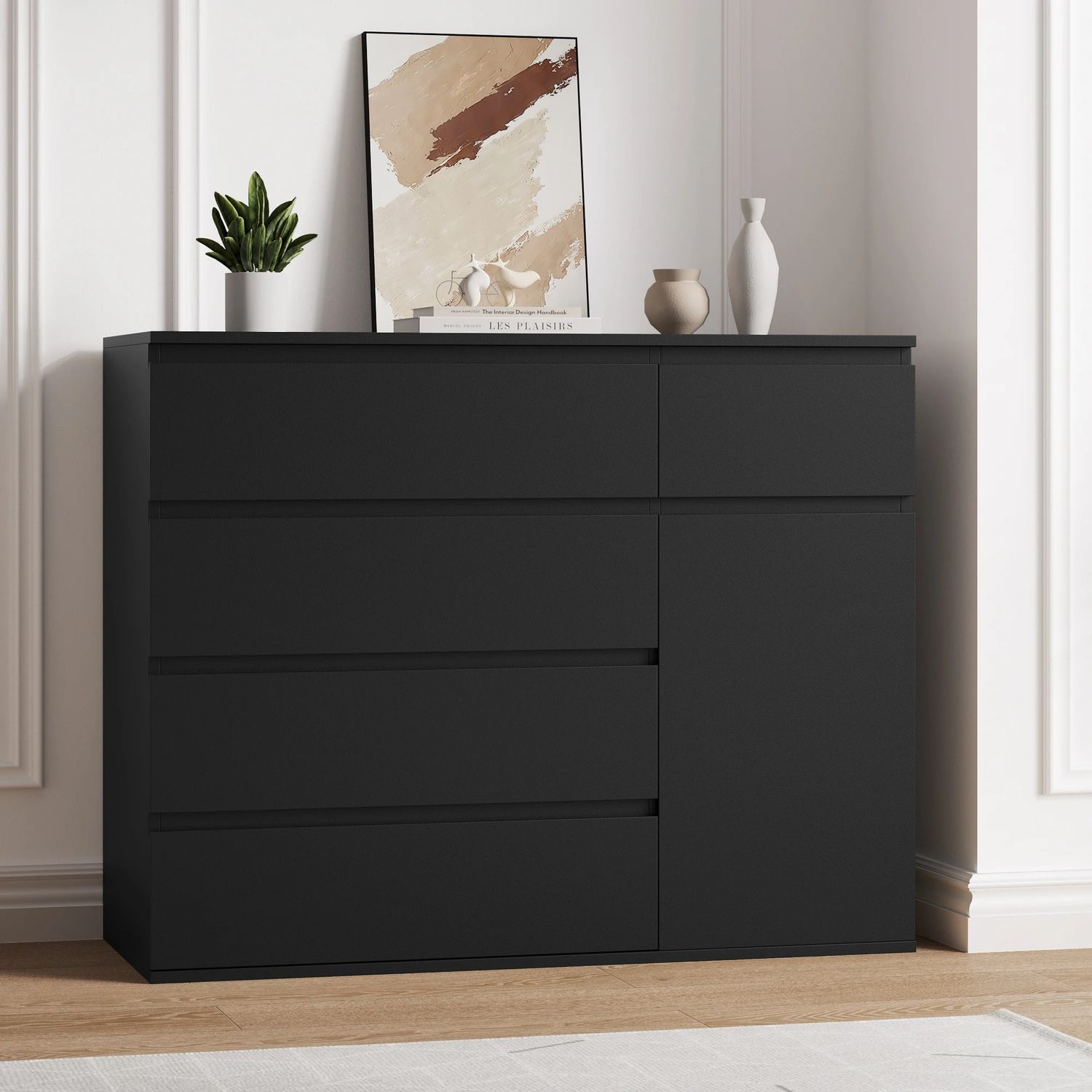White Chest of Drawers 5 Drawer Dresser Cabinet with 1 Door Storage Cupboard