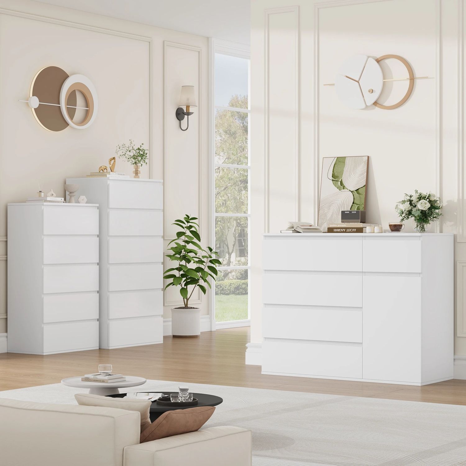 White Chest of Drawers 5 Drawer Dresser Cabinet with 1 Door Storage Cupboard