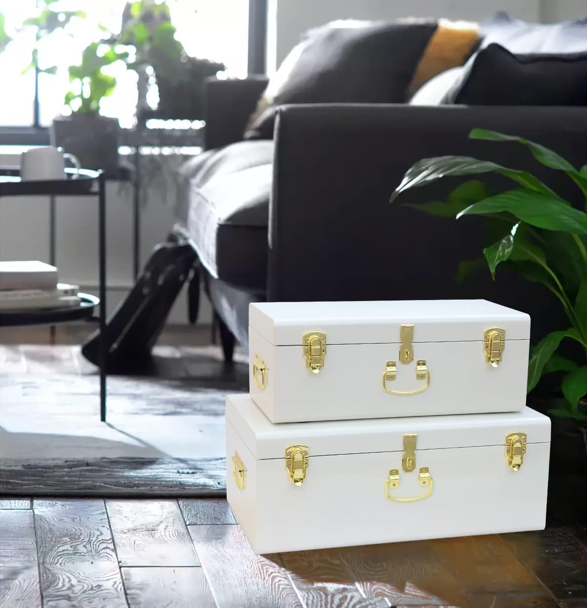 Set of 2 White Metal Storage Trunks – Reinforced &amp; Lockable