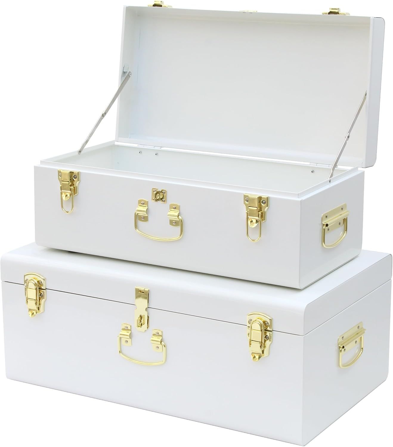 Set of 2 White Metal Storage Trunks – Reinforced &amp; Lockable