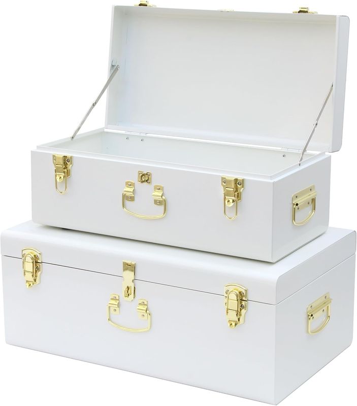 Set of 2 White Metal Storage Trunks – Reinforced &amp; Lockable