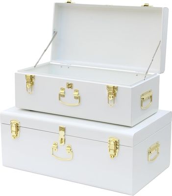 Set of 2 White Metal Storage Trunks – Reinforced &amp; Lockable