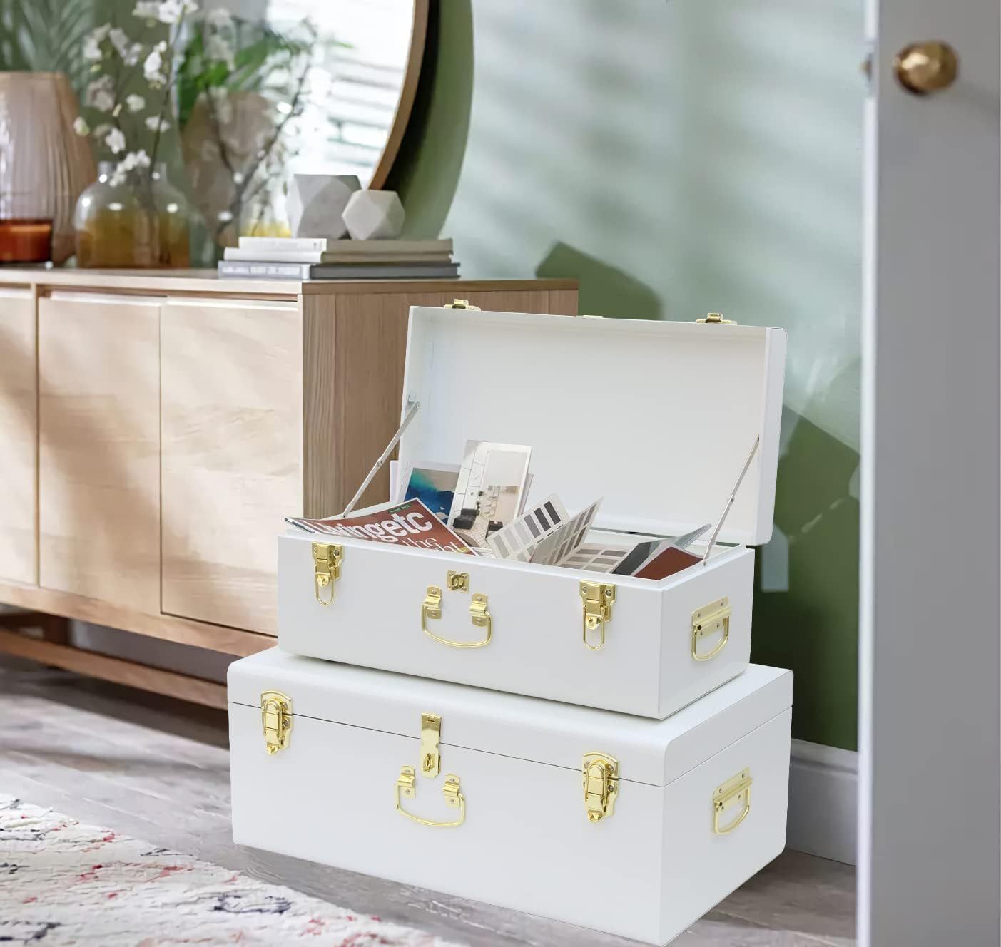 Set of 2 White Metal Storage Trunks – Reinforced &amp; Lockable
