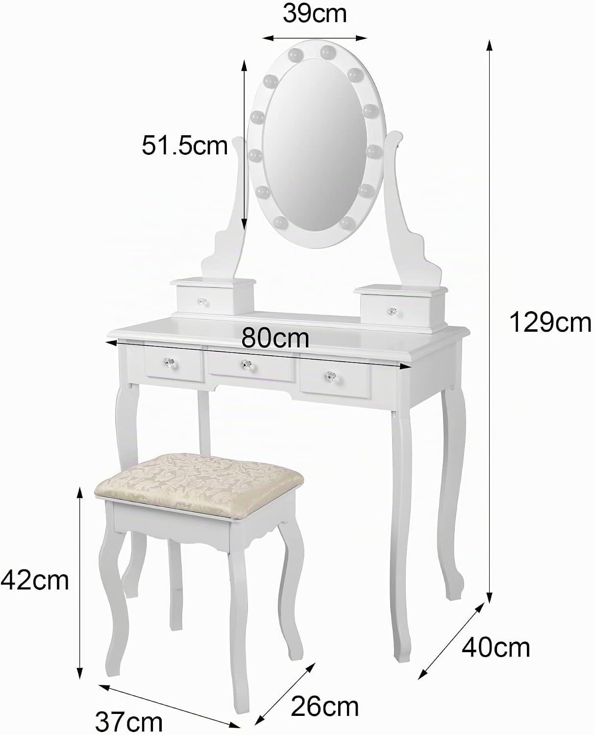 Dressing Table with LED Mirror Stool and Drawers
