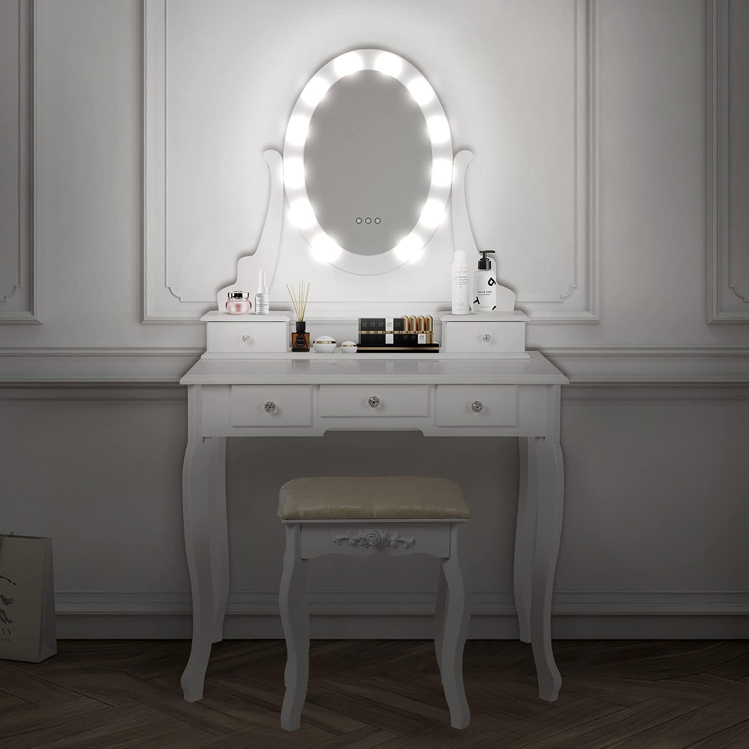 Dressing Table with LED Mirror Stool and Drawers