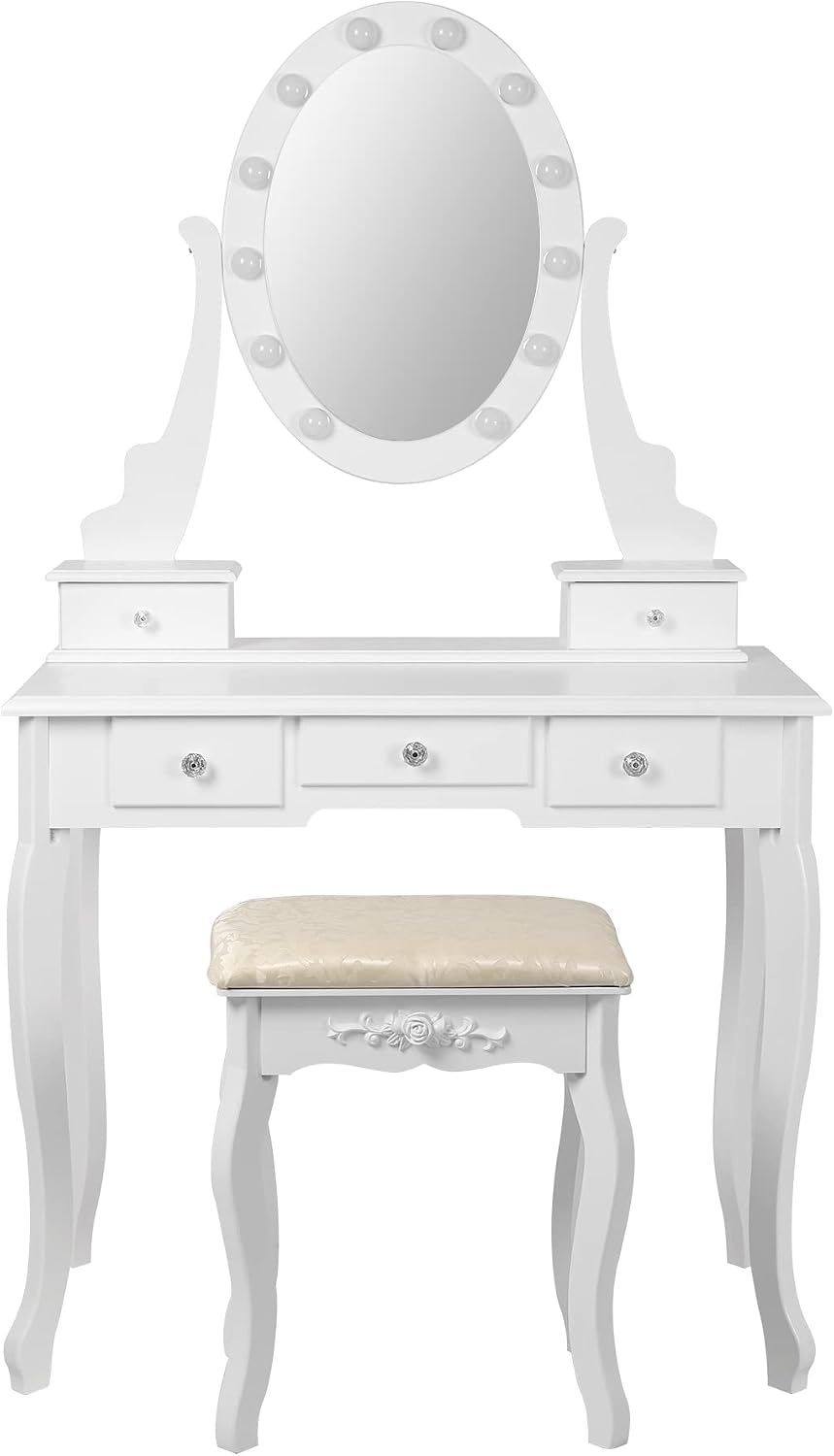 Dressing Table with LED Mirror Stool and Drawers
