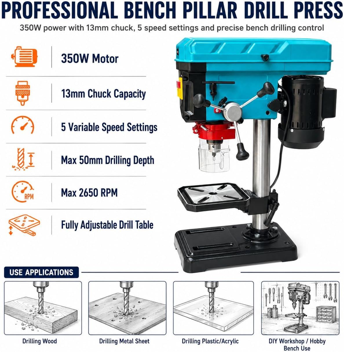 Powerful 350W Bench Drill Press – 13mm Chuck, 5-Speed Adjustable, 600–2650 RPM