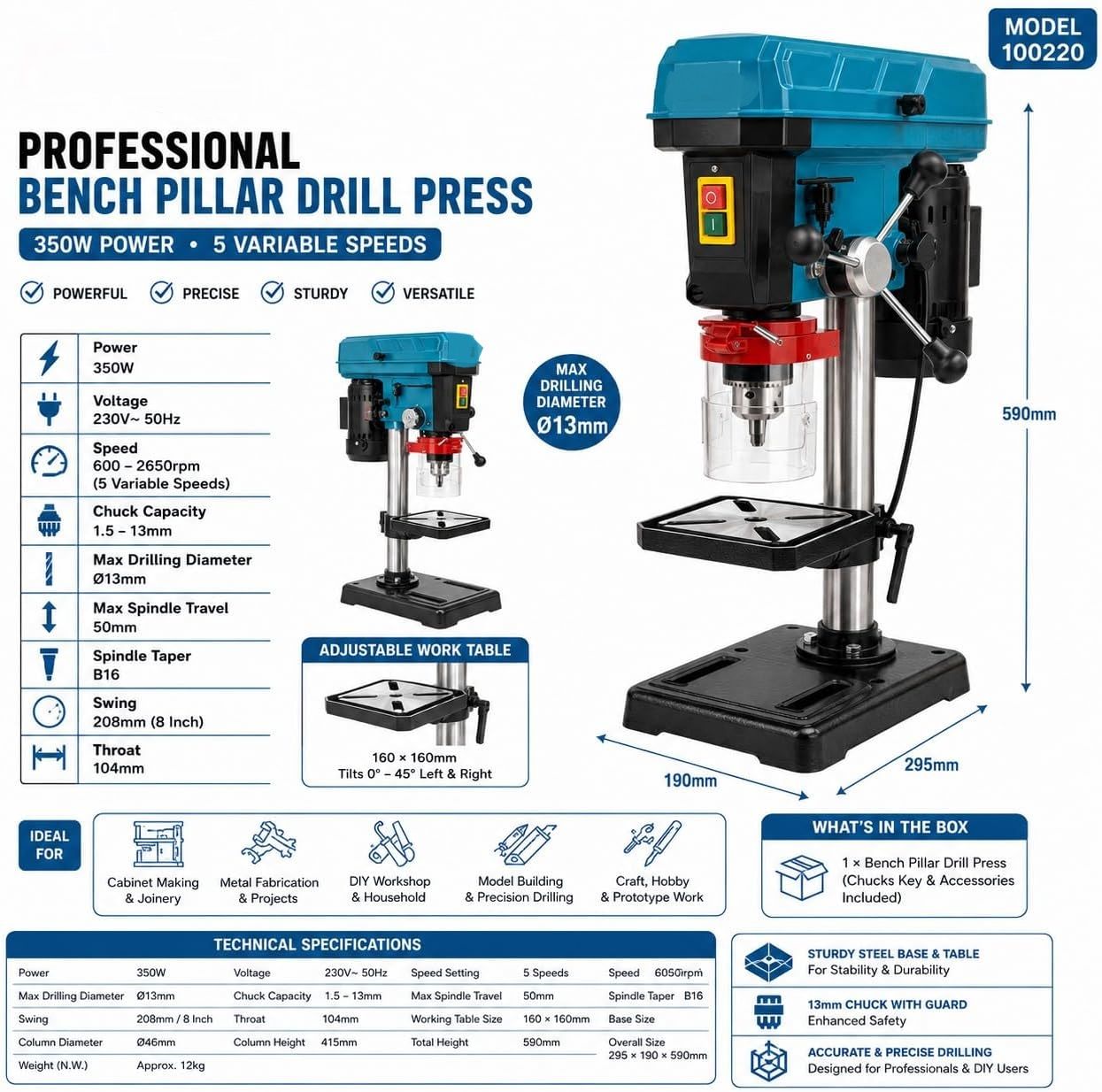 Powerful 350W Bench Drill Press – 13mm Chuck, 5-Speed Adjustable, 600–2650 RPM