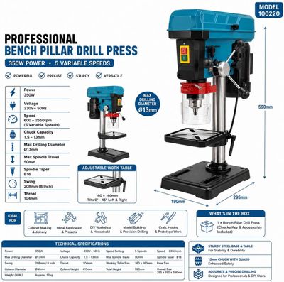 Powerful 350W Bench Drill Press – 13mm Chuck, 5-Speed Adjustable, 600–2650 RPM