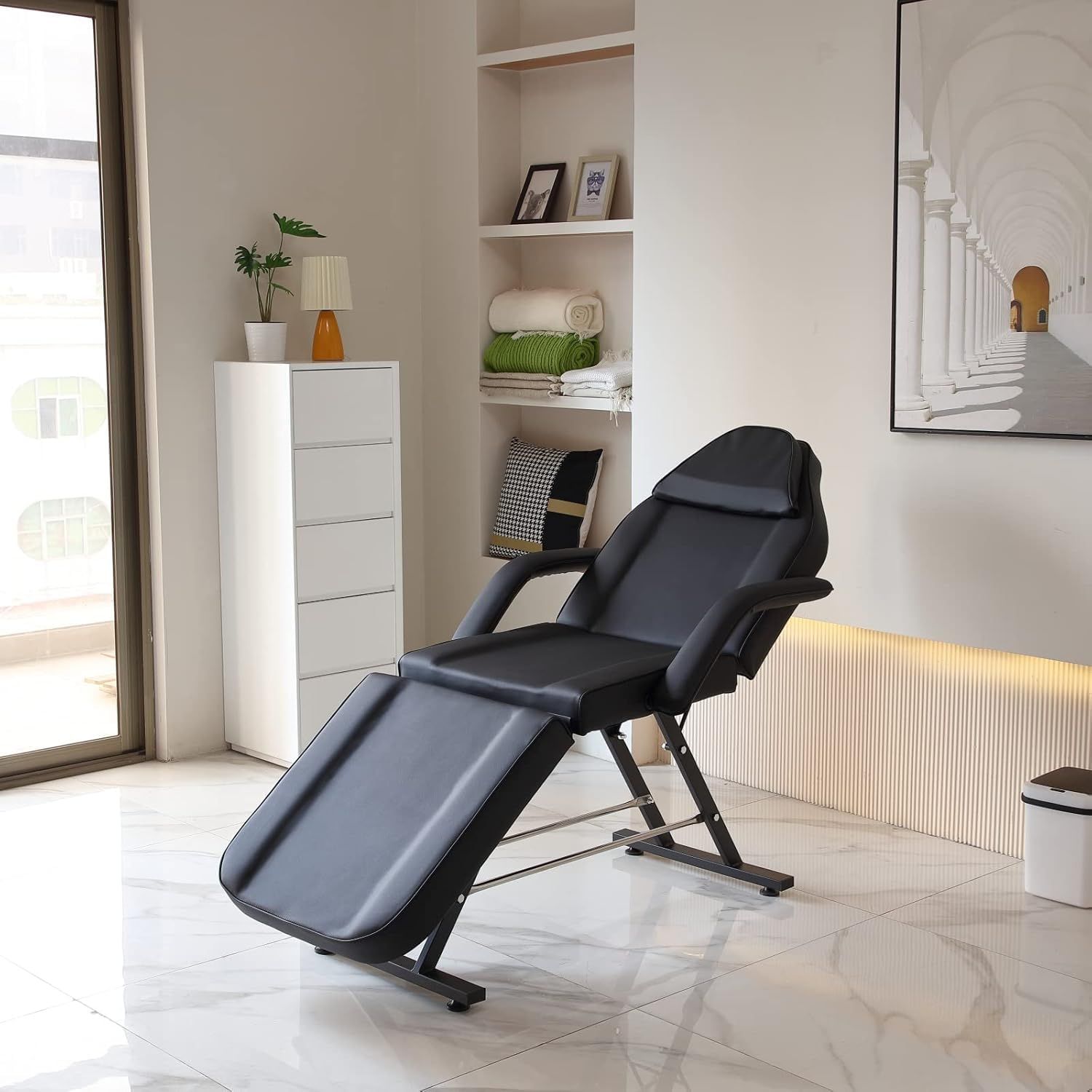 Foldable Massage Table Black Height Adjustable with Headrest Armrests &amp; Accessories