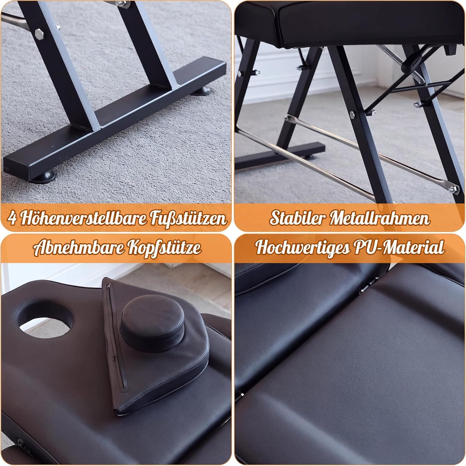 Black Folding Massage Table 3-Zone Portable Beauty Bed with Removable Headrest