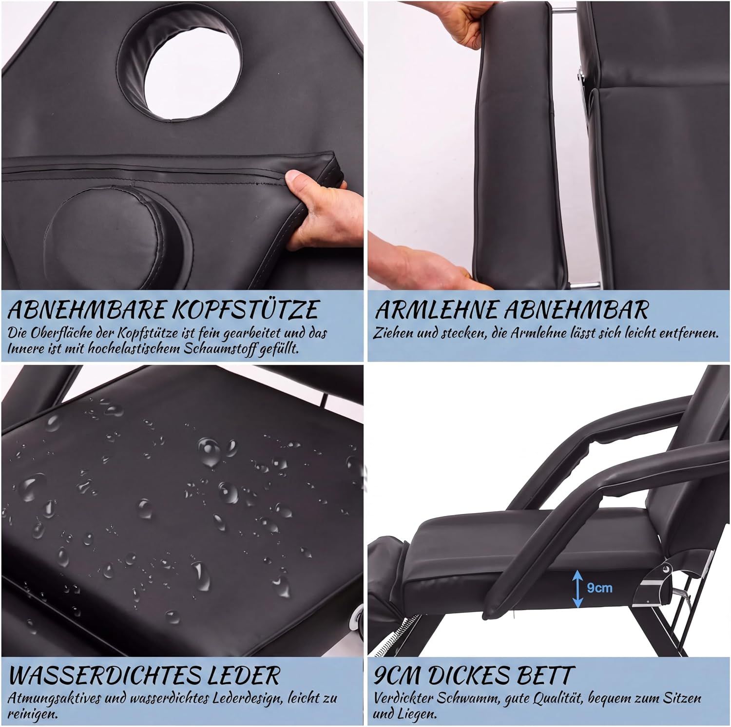 Black Folding Massage Table 3-Zone Portable Beauty Bed with Removable Headrest