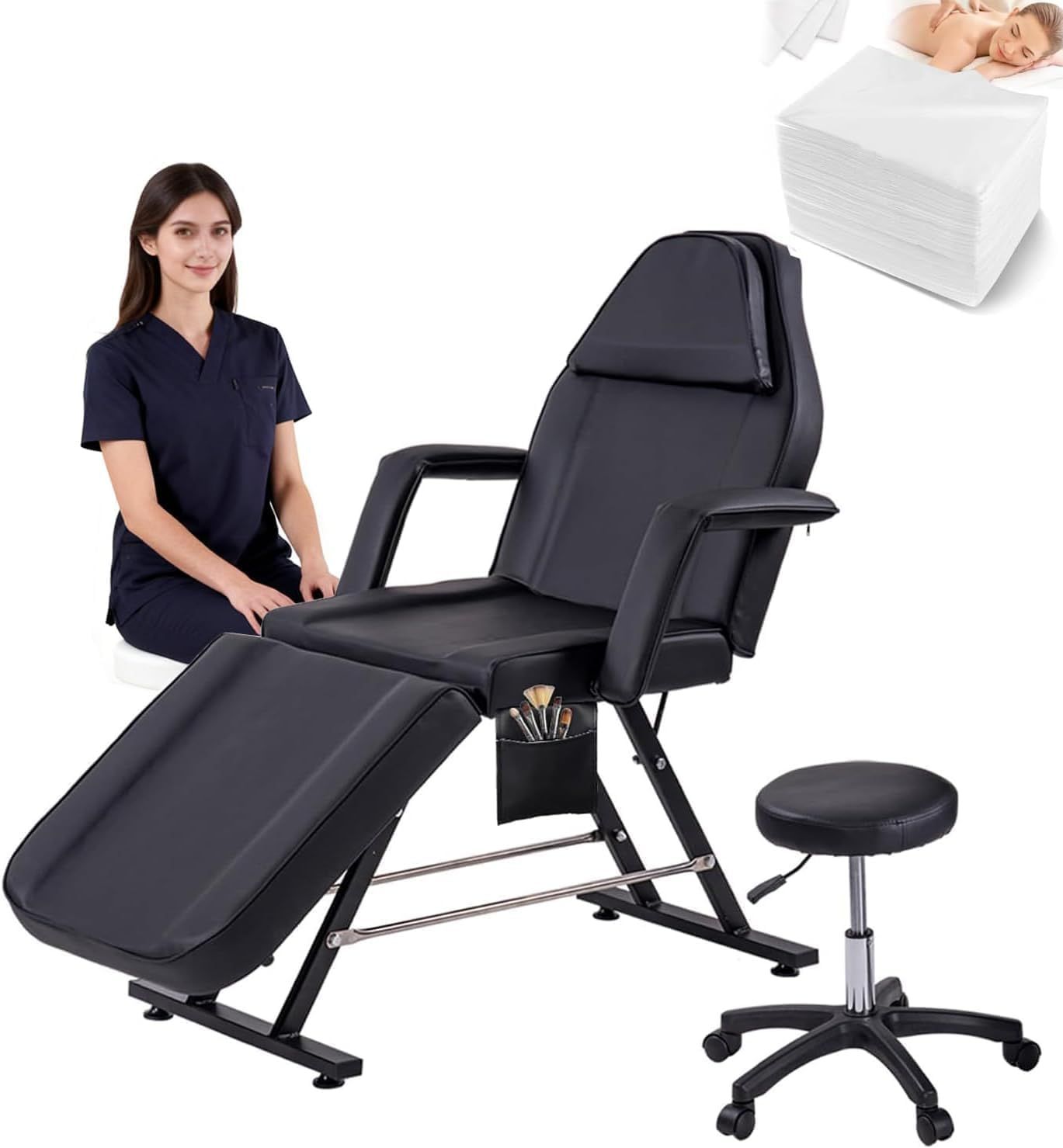 Black Folding Massage Table 3-Zone Portable Beauty Bed with Removable Headrest