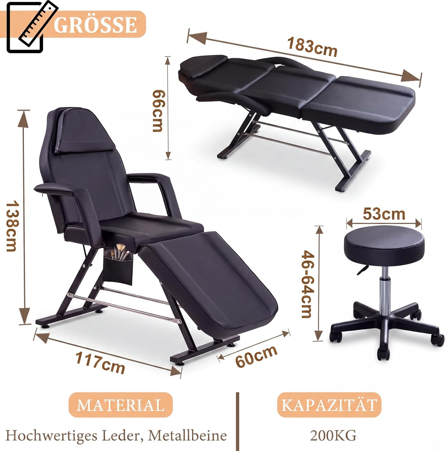 Black Folding Massage Table 3-Zone Portable Beauty Bed with Removable Headrest