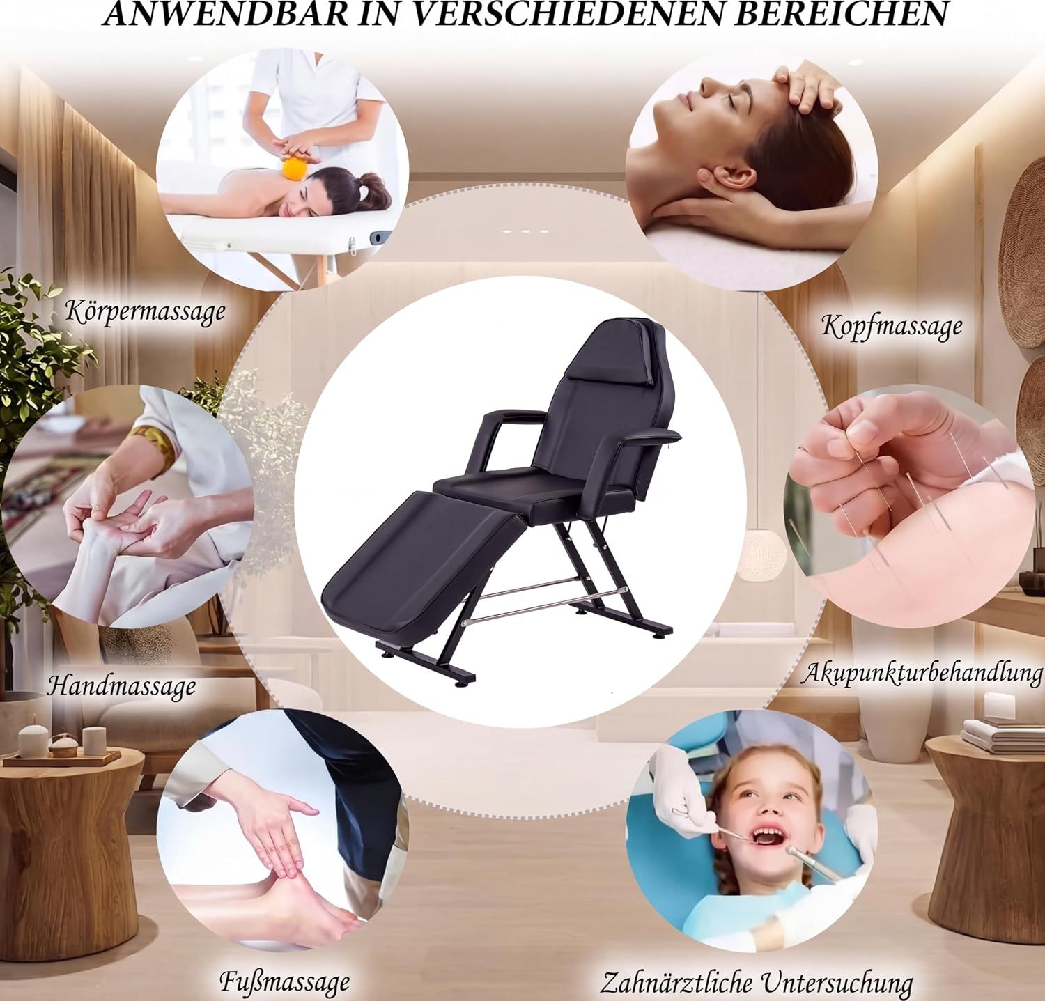 Black Folding Massage Table 3-Zone Portable Beauty Bed with Removable Headrest