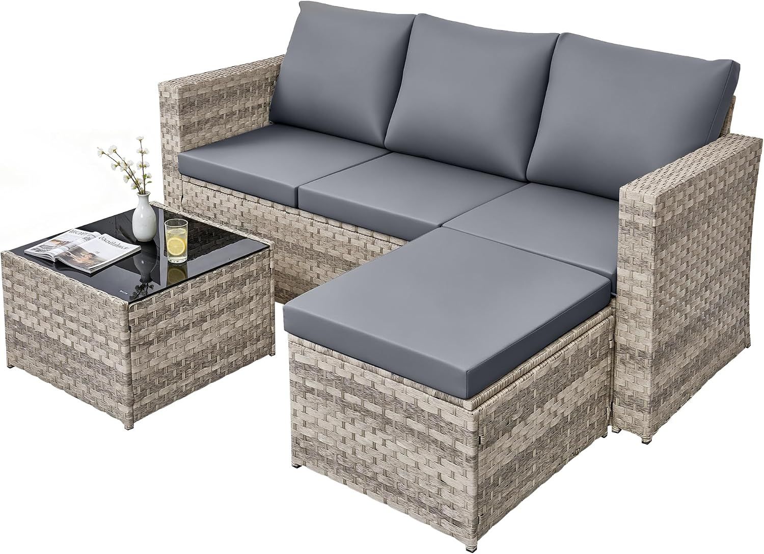 4 Seater Rattan Garden Furniture Set High Back Sofa