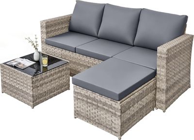 4 Seater Rattan Garden Furniture Set High Back Sofa