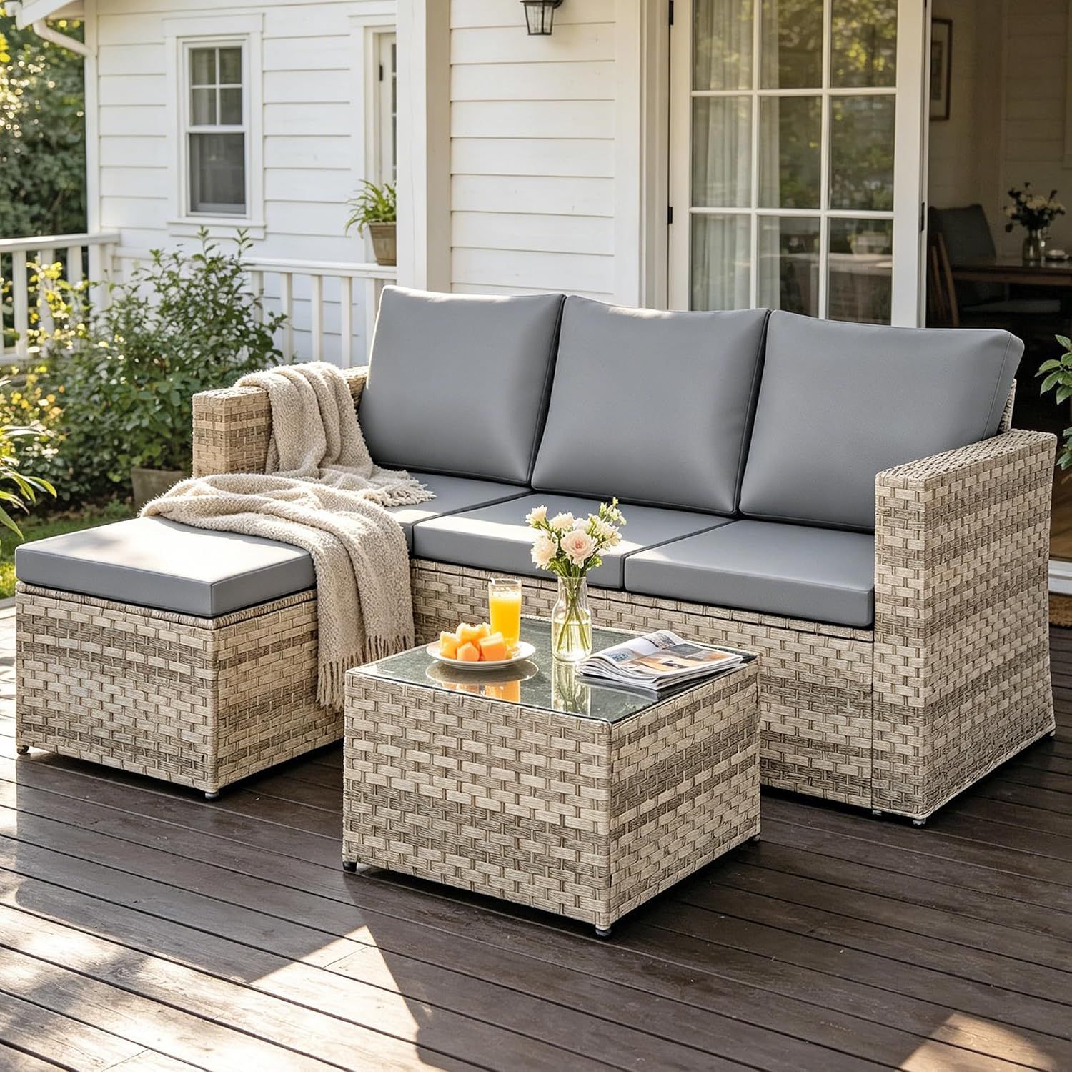 4 Seater Rattan Garden Furniture Set High Back Sofa