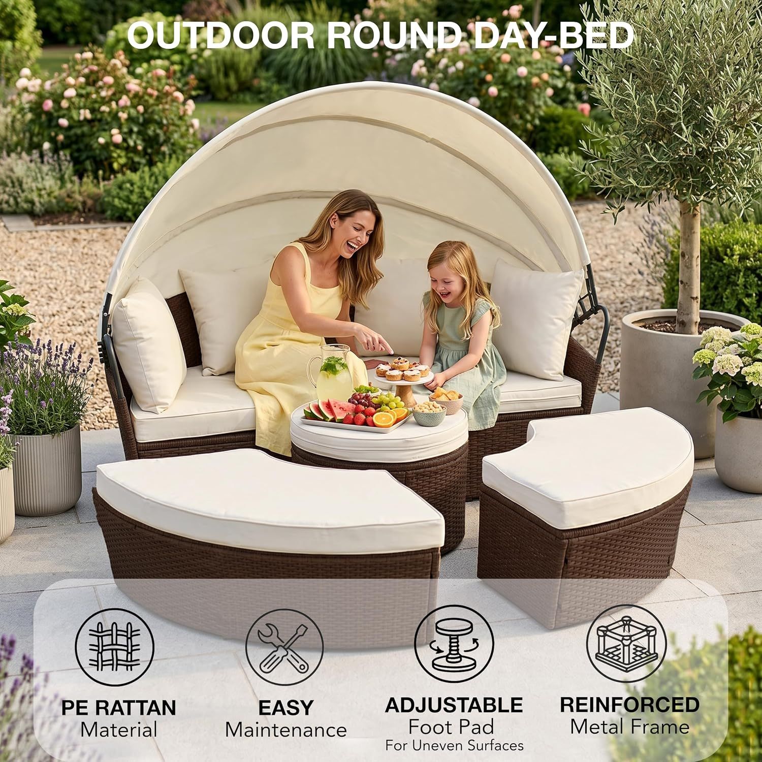 Rattan 5-Piece Round Daybed Set – Brown
