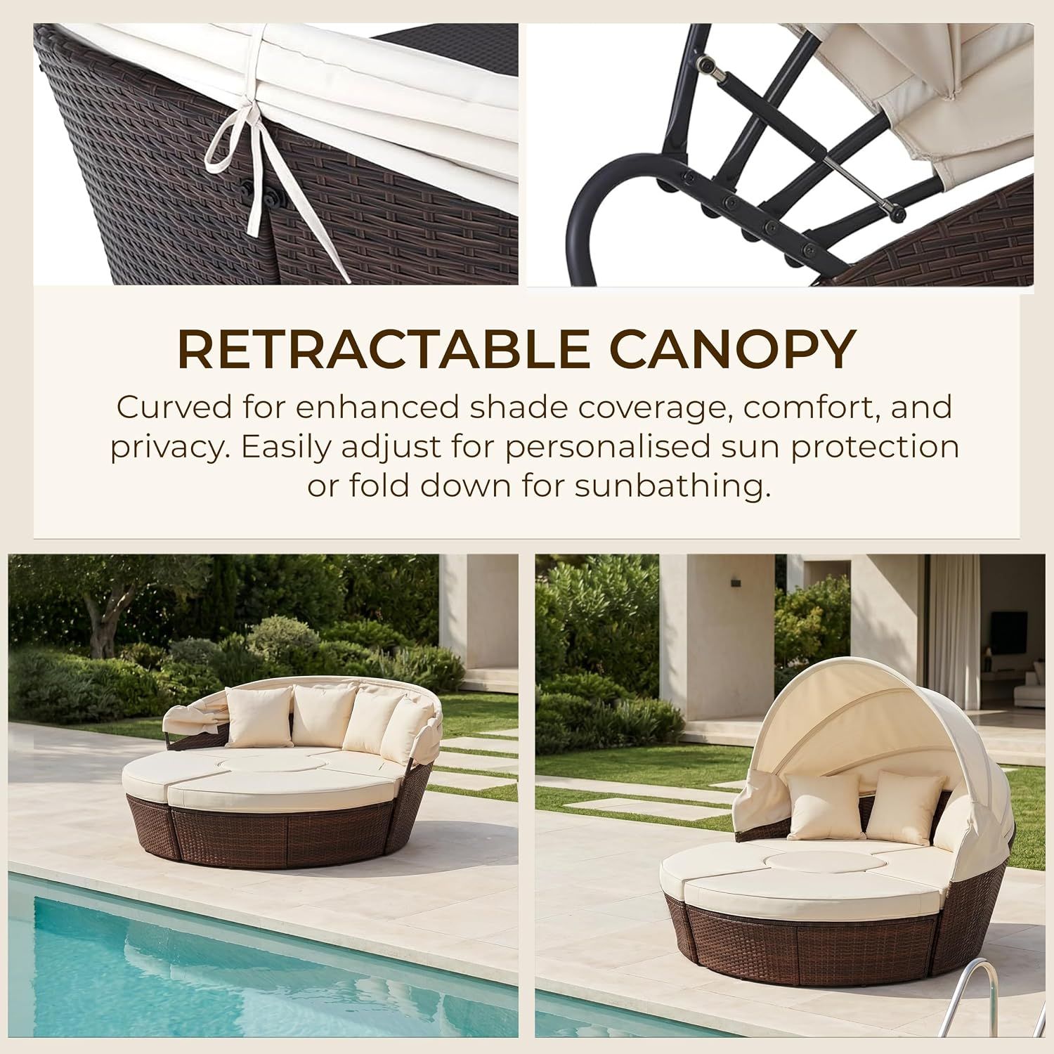 Rattan 5-Piece Round Daybed Set – Brown